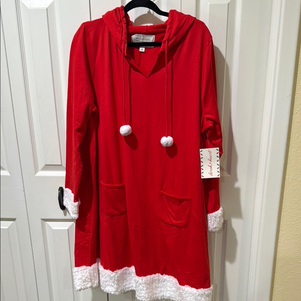 Christmas in July Santa Red Hooded Dress with White Trim